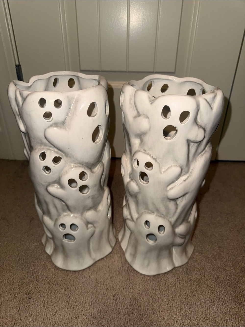 White Ceramic Ghost Lantern Pair -led candles for glowing effects